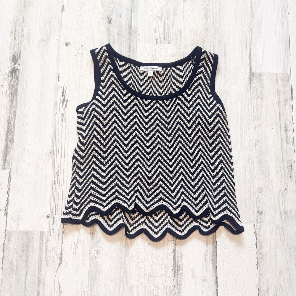 St. John Black White Santana Knit Chevron Stripe Tank Top Size M